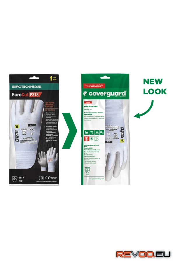 Eurocut P318 vékony, 18 kötés, vágásbiztos, PU tenyér   Coverguard 1CRPB 4.