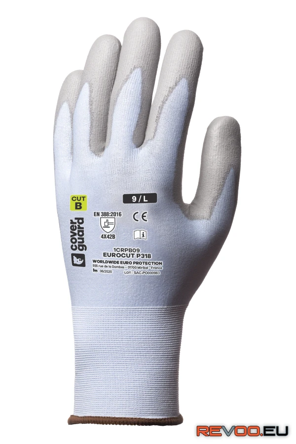 Eurocut P318 vékony, 18 kötés, vágásbiztos, PU tenyér   Coverguard 1CRPB 1.