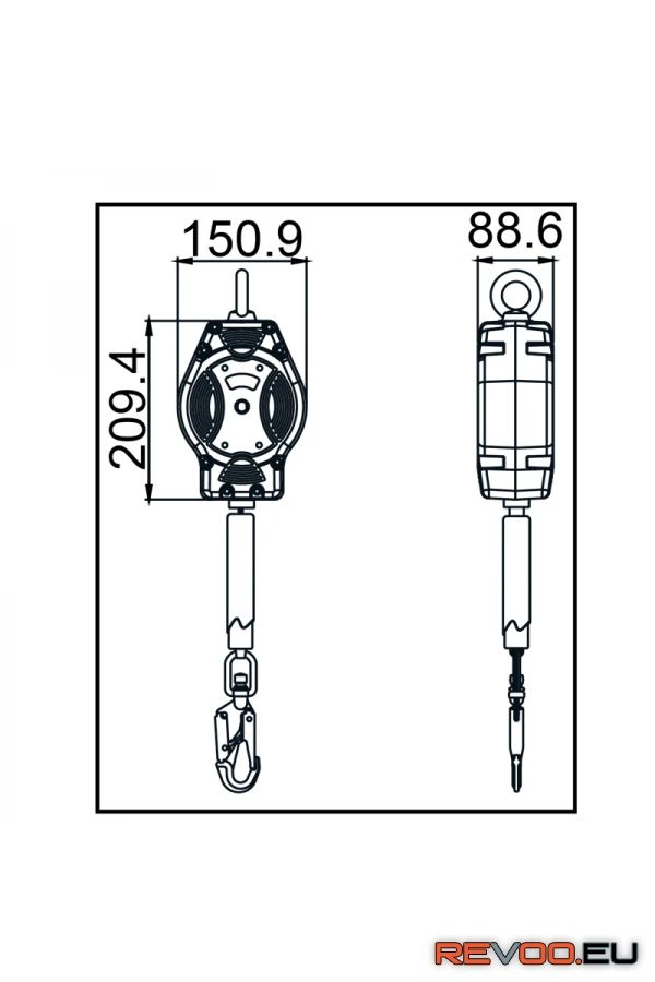 Visszahúzható szövet zuhanásgátló műanyag házban Helixon karabinerrel, függőleges-6m   Kratos KRA-FA2050406B 2.