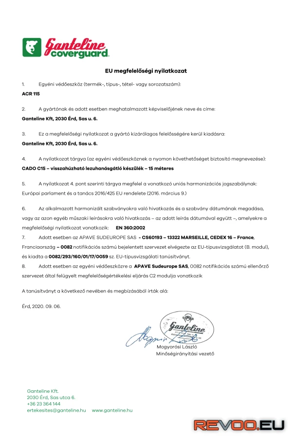 C15 visszahúzható zuhanásgátló, acélkábel   Cado MOACR-115 3.